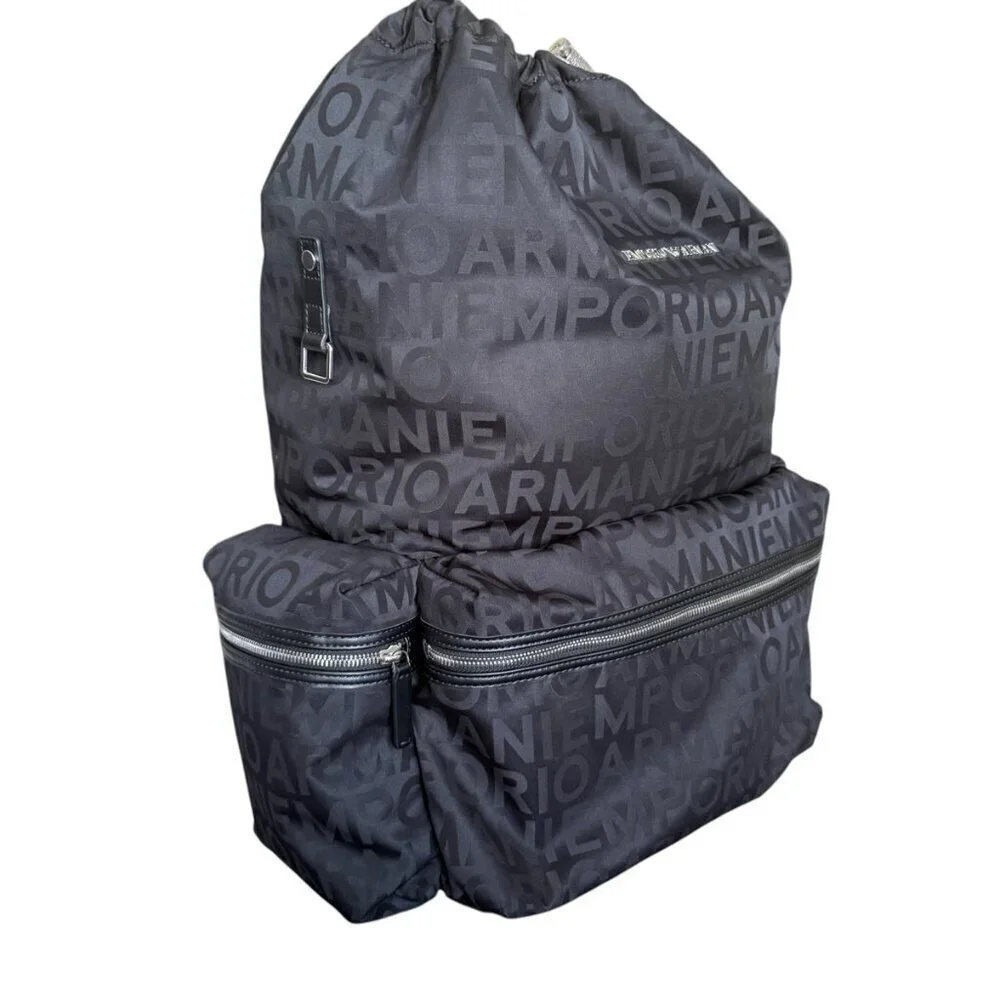 New‎ Emporio Armani Black Nylon oversized Drawstring Logo Backpack